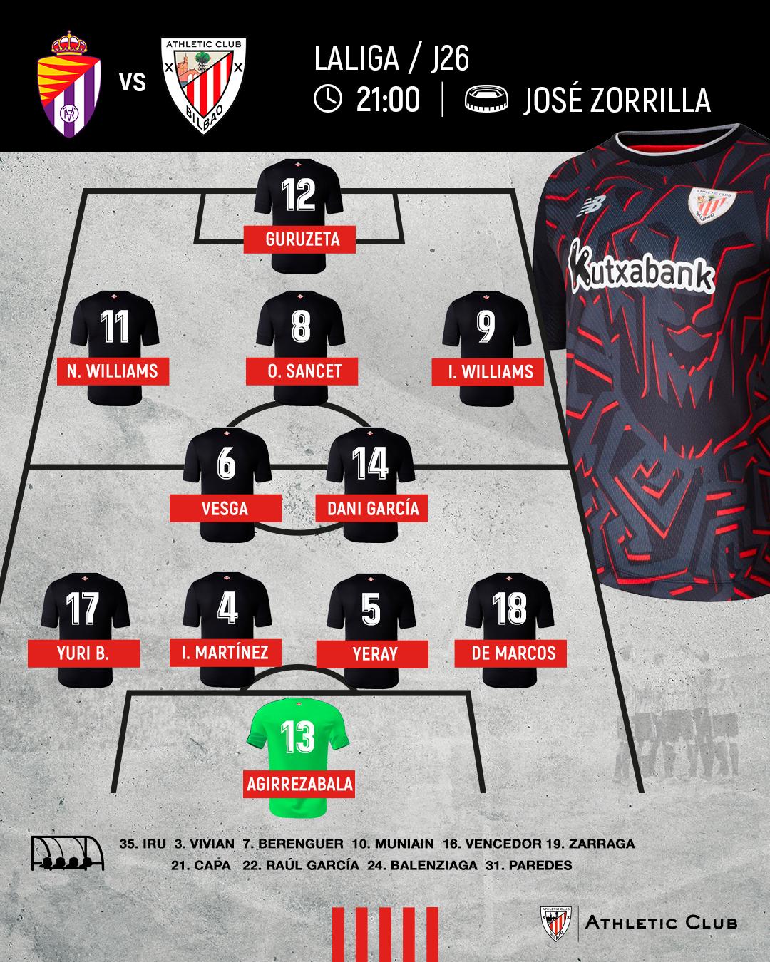 Alineación: Real Valladolid vs Athletic Club (LaLiga J26)